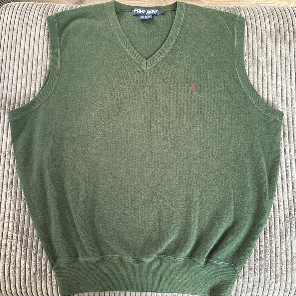 Polo Golf Ralph Lauren Sweater Vest Mens L Green Pima Cotton V-Neck Pony Logo